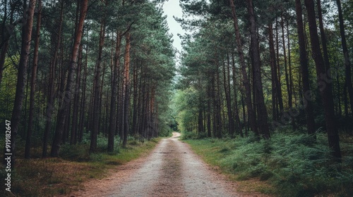 Path through a green pine forest with tall trees and a clear sky above