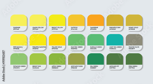 Green and Yellow Color Palette, Green and Yellow Color Guide Palette with Color Names. Catalog Samples of Green and Yellow with RGB HEX codes and Names. Paint, Nature, Plastic, Fashion Trend Colors