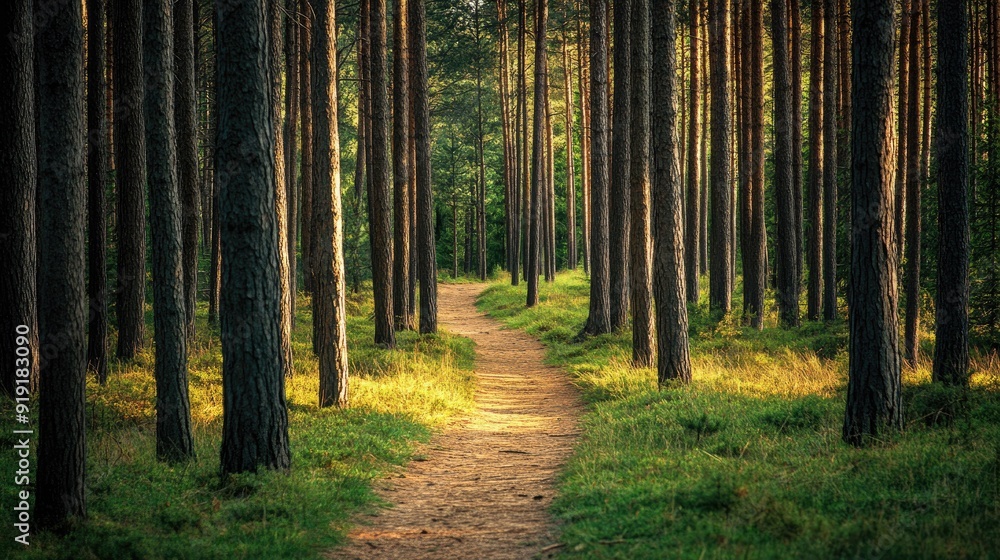 Obraz premium Pine forest with a narrow dirt path winding through the tall trees