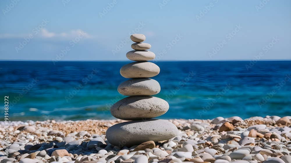 A beach with a pile of pebbles forming a stack of stones. A beach with a pile of pebbles forming a stack of stones.