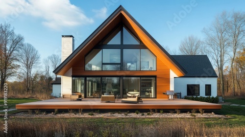 A modern A-frame house with large windows,showcasing contemporary architecture blending with the environment.AI generated for Ads