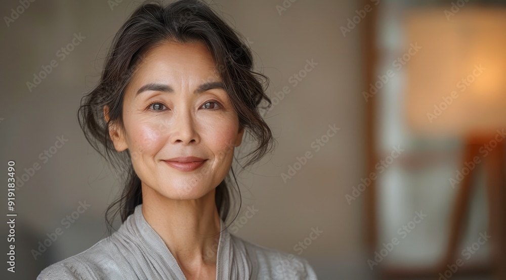 closeup of 45-50 year old happy beautiful Asian woman, copy space, mature women closeup of 45-50 year old happy beautiful Asian woman, copy space, mature women