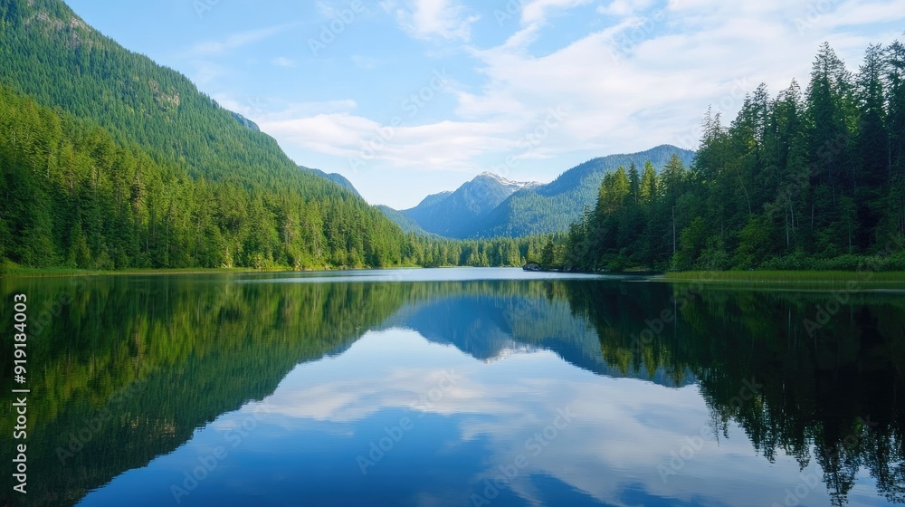 Fototapeta premium Serene lake surrounded by dense forest and mountains, reflecting the sky