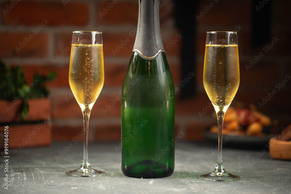 Fototapeta premium Green bottle of champagne and two glasses