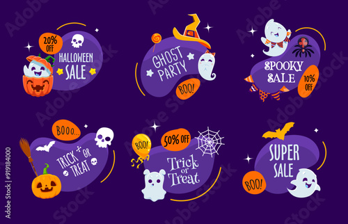Halloween holiday kawaii ghosts characters on amoeba blobs. Isolated cartoon vector spooky promo sale badges, tags or banners for seasonal discount, festive clearance event and trick or trick party