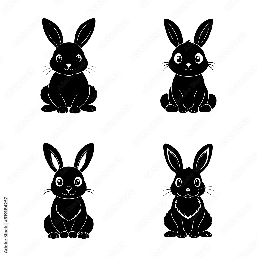 Fototapeta premium Set of Sitting Bunny Silhouettes on White Background: A Charming Collection of Elegant Bunny Silhouettes for Creative and Versatile Art Projects