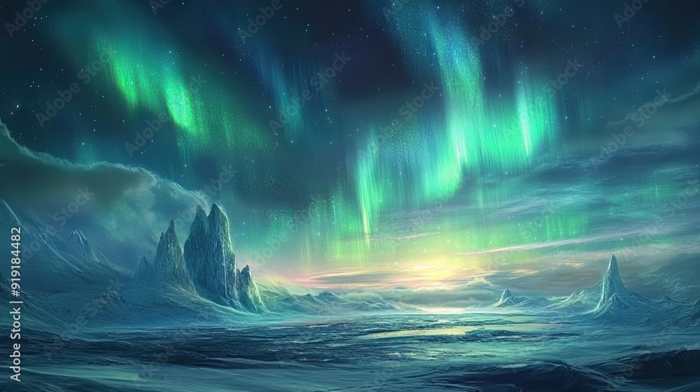Southern lights casting a magical glow over a desolate polar landscape Southern lights casting a magical glow over a desolate polar landscape