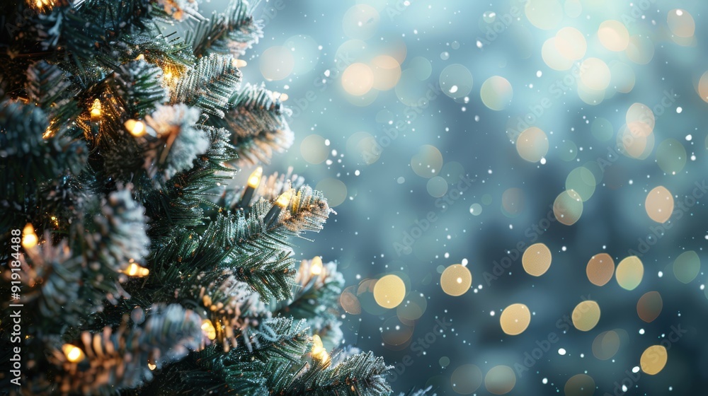 A snowy Christmas tree decorated with lights and surrounded by a beautiful bokeh background, evoking a festive winter ambiance. A snowy Christmas tree decorated with lights and surrounded by a beautiful bokeh background, evoking a festive winter ambiance.