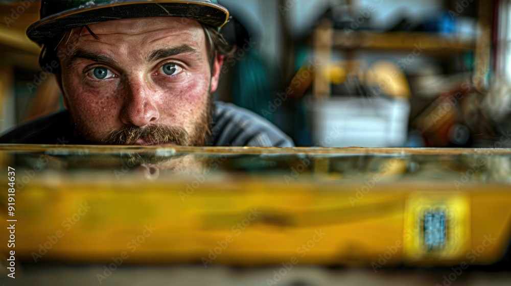 Close-up of a focused craftsman intently staring at a workpiece, showcasing dedication and precision in his craft. Close-up of a focused craftsman intently staring at a workpiece, showcasing dedication and precision in his craft.