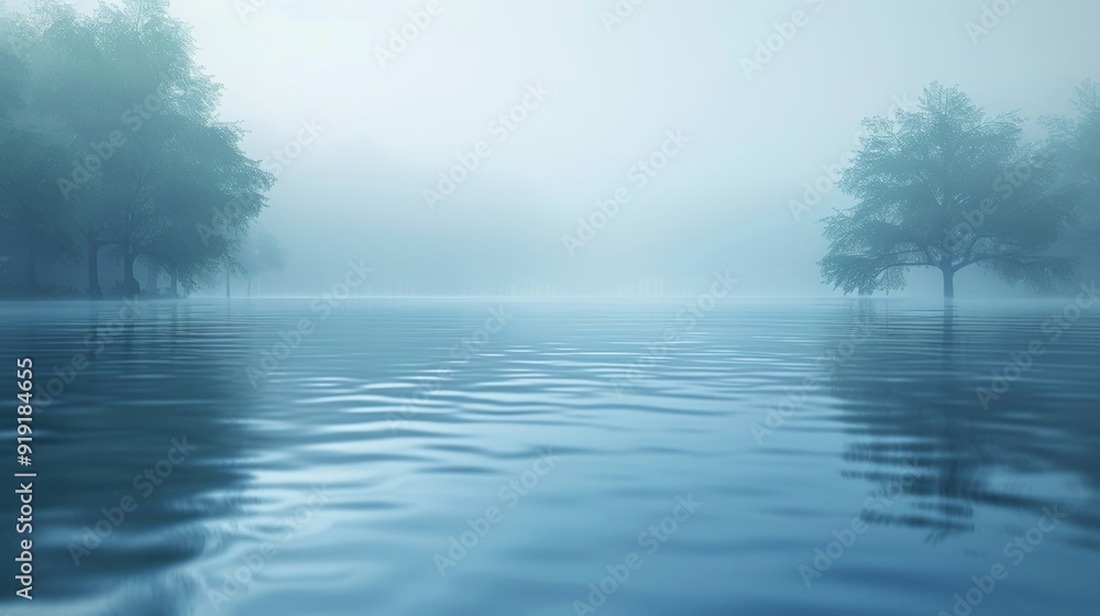 Serene misty lake with calm waters and trees in the distance, creating a tranquil and peaceful atmosphere. Serene misty lake with calm waters and trees in the distance, creating a tranquil and peaceful atmosphere.
