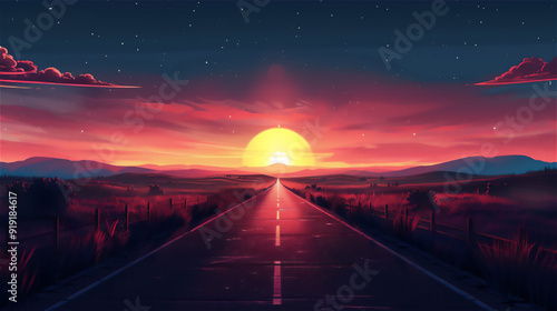 先の見えない道路と鮮やかな夕日、朝日