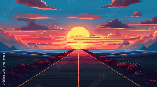 先の見えない道路と鮮やかな夕日、朝日