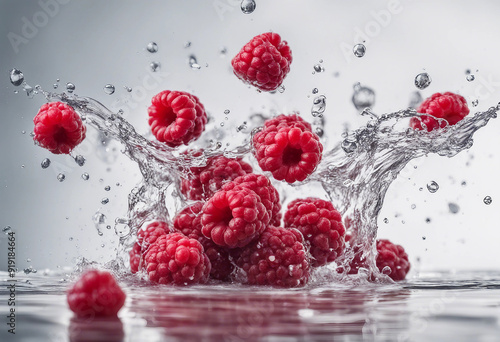 Fresh red raspberries falling with water splashing isolated on white