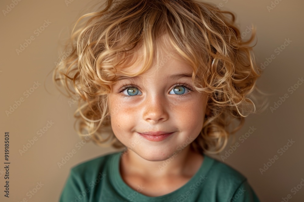 portrait of happy caucasian little boy with blonde curly hair in green shirt on beige background portrait of happy caucasian little boy with blonde curly hair in green shirt on beige background