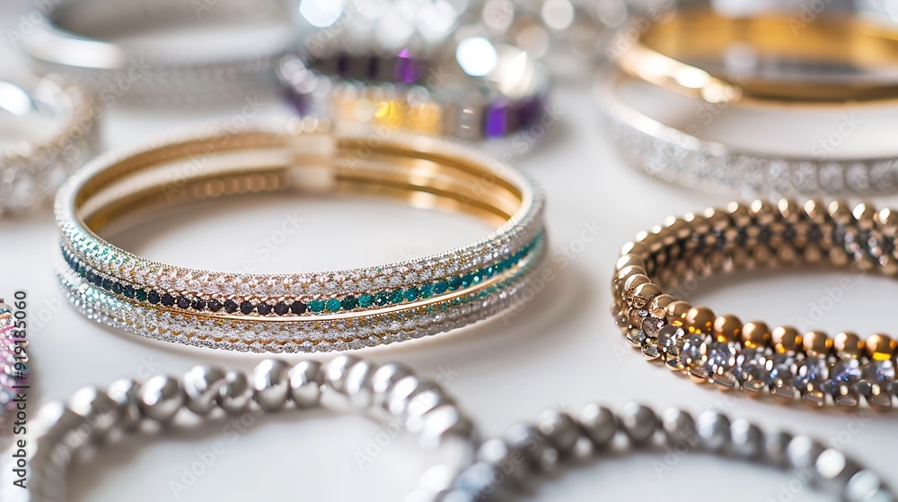 A selection of elegant bracelets arranged on a white background. A selection of elegant bracelets arranged on a white background.