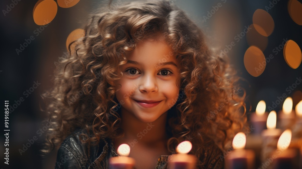 A young girl with curly hair smiling softly, surrounded by candlelights, creating a warm, festive atmosphere. A young girl with curly hair smiling softly, surrounded by candlelights, creating a warm, festive atmosphere.