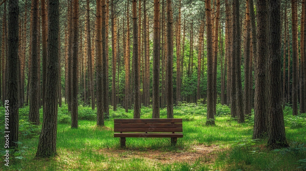 Tranquil green pine forest with a wooden bench for rest and reflection Tranquil green pine forest with a wooden bench for rest and reflection