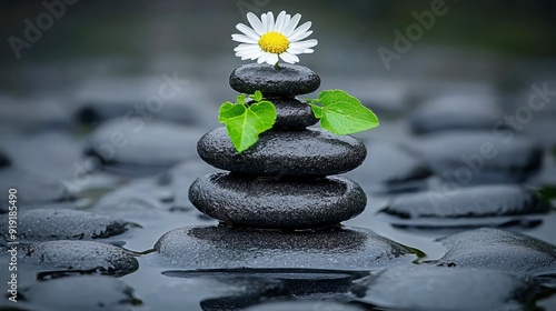 daisy with heap of pebble stones and green leaves, spa and wellness concept 