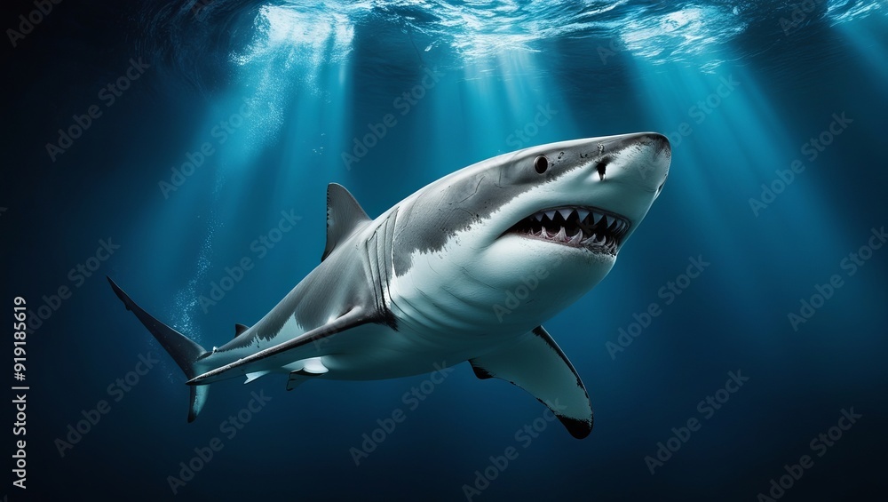 Fototapeta premium Great White shark under sea water cinematic
