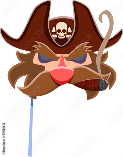 Pirate captain carnival and photo booth mask on stick with hat and moustache. Pirate captain, corsair or sailor vector mask, piracy party cartoon costume. Funny filibuster with tricorn hat and cigar