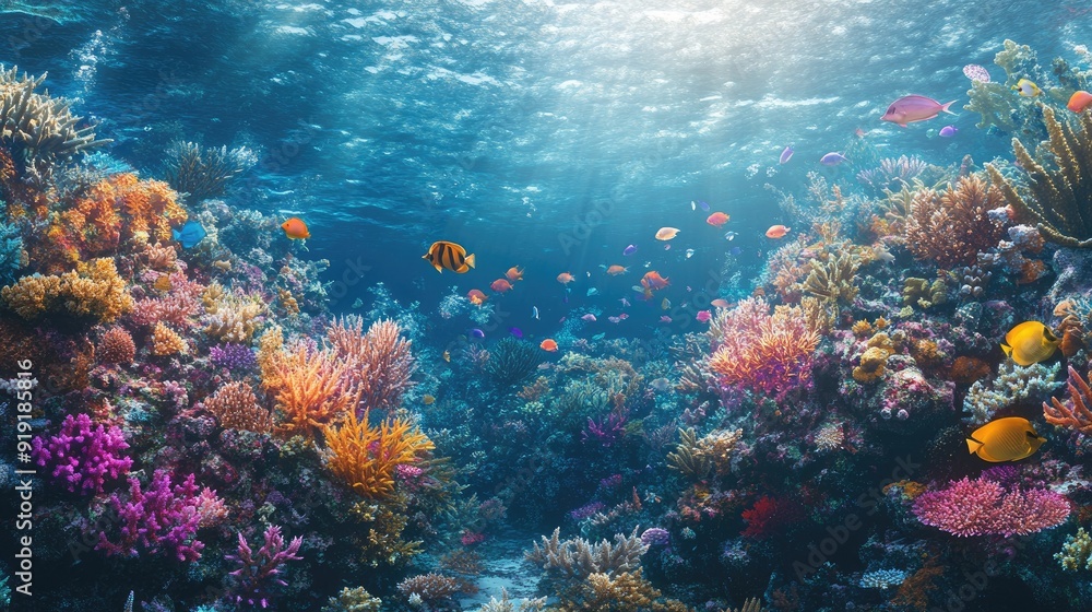 Naklejka premium Vibrant coral reef ecosystem with a variety of colorful fish and coral species