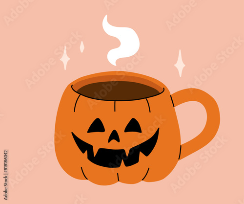 Vector collection of cute Halloween mugs. Hot cocoa with marshmallow, coffee and tea cups with cute faces, ghost, pumpkin, witch black cat and skull. Flat cartoon illustration on pink background