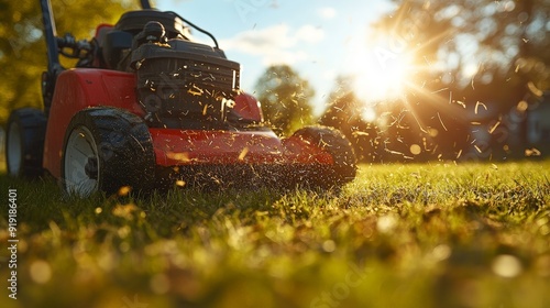 Man Mows Lawn at Sunset Creating Serene Backyard Atmosphere