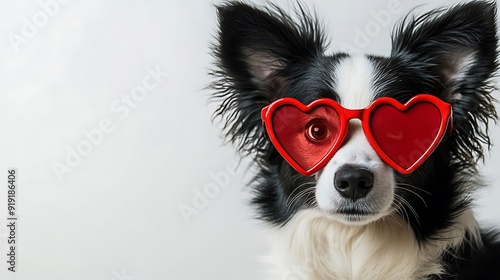 Black and White Dog Wearing Red Heart-Shaped Sunglasses