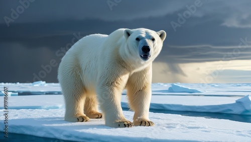 white polar bear standing on ice during morning