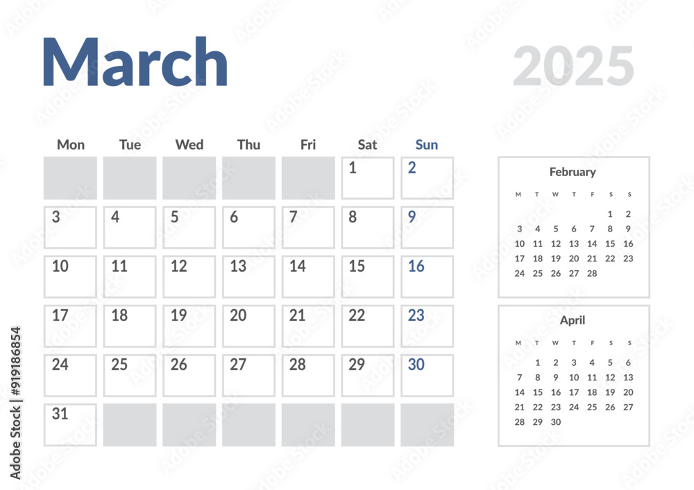 Monthly page Calendar Planner Template of March 2025. Vector layout of calendar with week start Monday for Scheduling. Page for size A4 or 21x29.7 cm