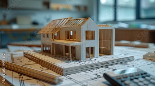 Fototapeta Naklejka Na Ścianę i Meble -  miniature model of house and calculator on top of construction plans 