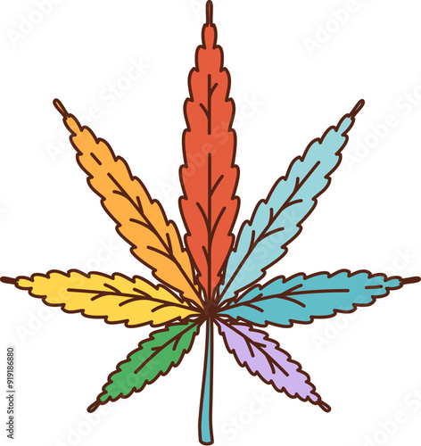 Cartoon cannabis with rainbow leaves in 70s or 80s hippie retro art, vector symbol. Hippie rainbow marijuana cannabis for love and peace, good vibes and positive emotion in 70s, 80s retro cartoon