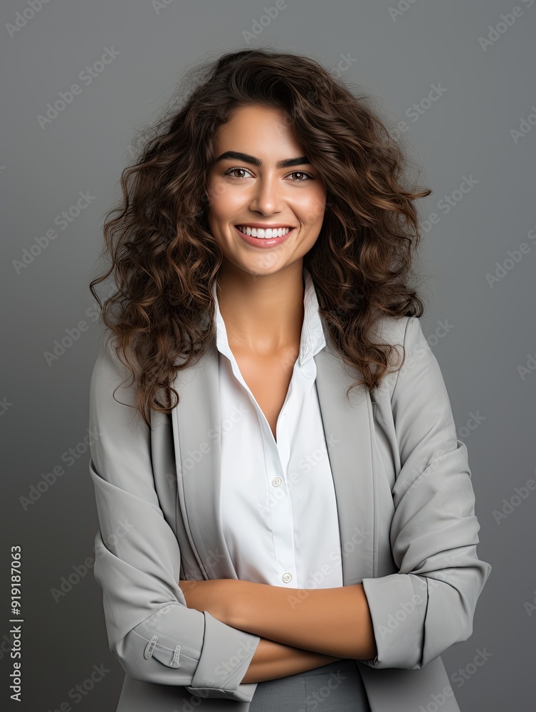 Happy young business woman posing isolated over grey wall background Happy young business woman posing isolated over grey wall background