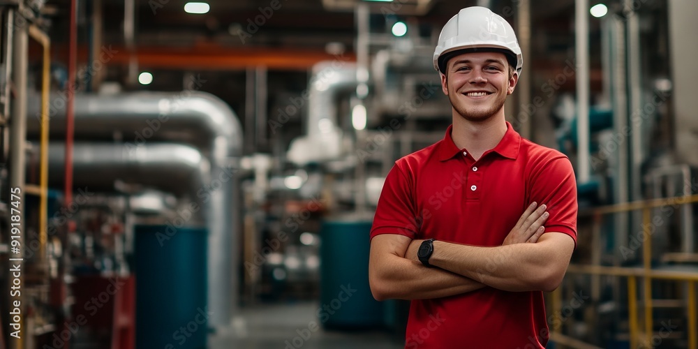 A man wearing white helmet, smiling, hands folded on his chest, against the background of a factory room, background blurred A man wearing white helmet, smiling, hands folded on his chest, against the background of a factory room, background blurred