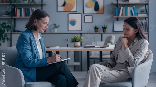 A professional psychologist in a calming office setting, seated with a client during a consultation.