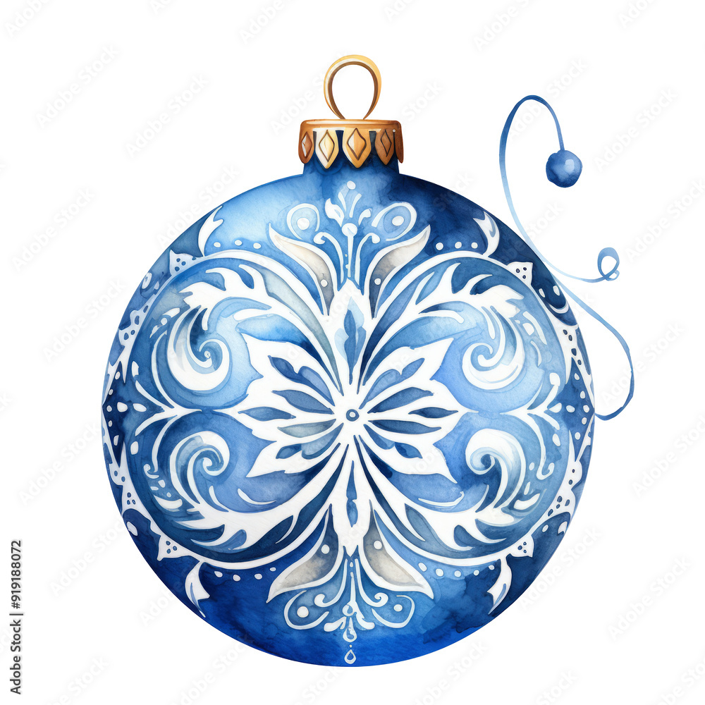 Fototapeta premium single blue Christmas ball in watercolor clipart design isolated on a transparent background, holiday season, Christmas ornament