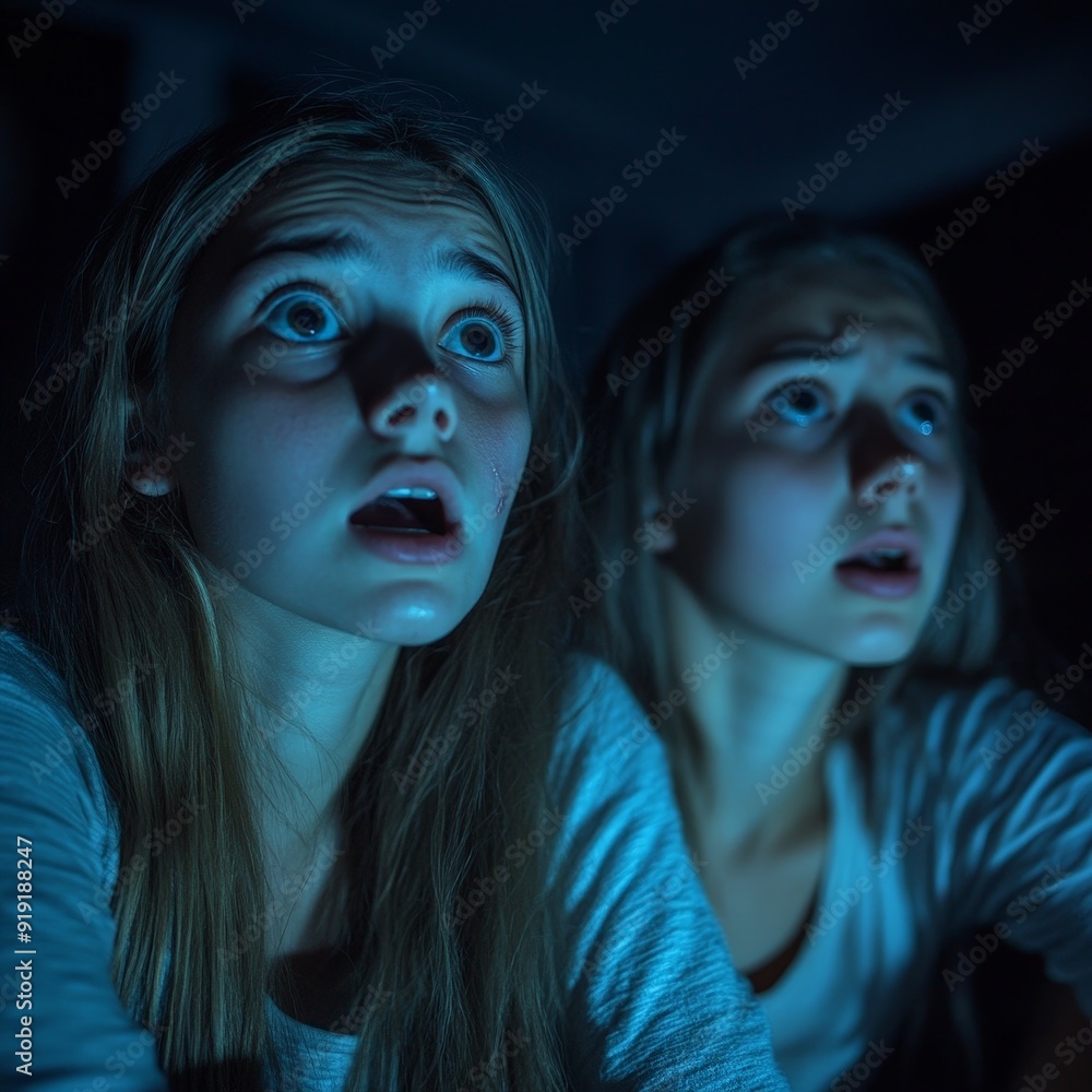 Scared Teenage Girls at Horror Movie Night Scared Teenage Girls at Horror Movie Night