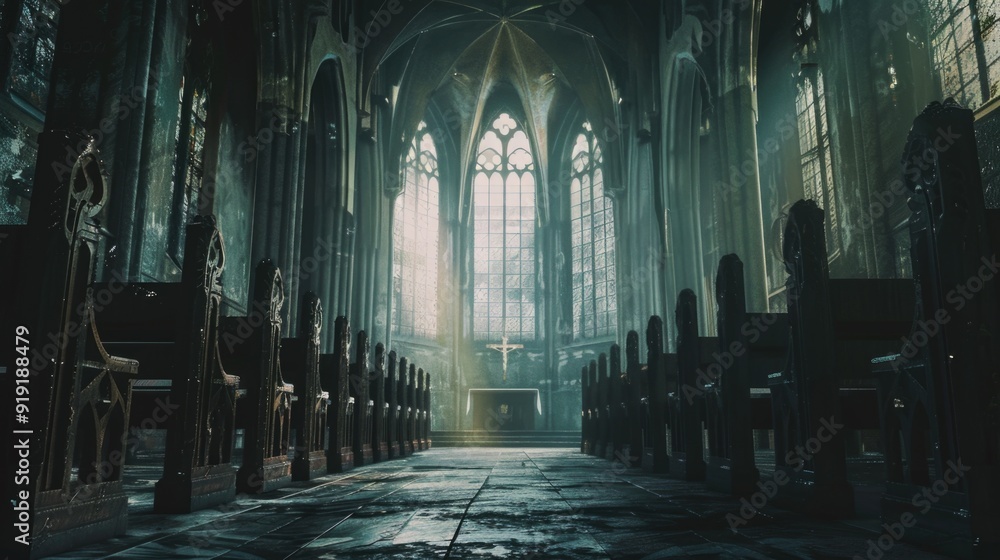 A photo of an empty church with many pews, ideal for use in scenes about spirituality, solitude or abandoned places A photo of an empty church with many pews, ideal for use in scenes about spirituality, solitude or abandoned places