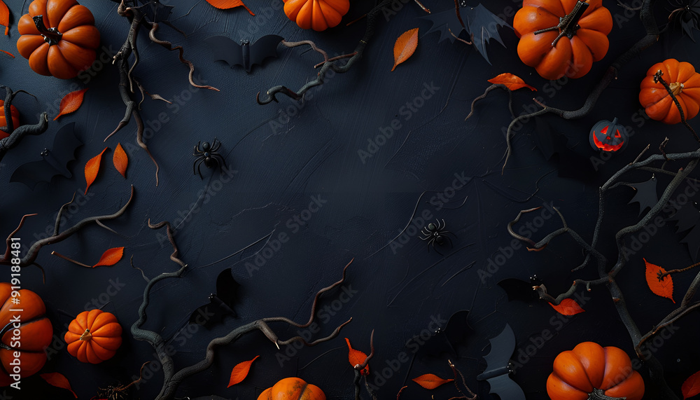 Top-down view of orange pumpkin decorations with spiders, branches with bats, and black leaves on a dark background. Perfect for Halloween-themed designs Top-down view of orange pumpkin decorations with spiders, branches with bats, and black leaves on a dark background. Perfect for Halloween-themed designs