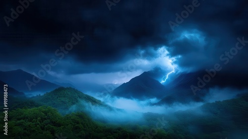 A dramatic landscape features dark clouds, looming mountains, and striking lightning illuminating the misty valleys.