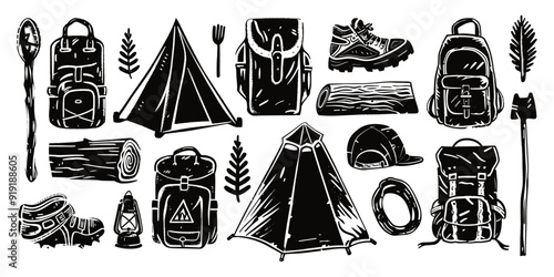Camping and Hiking Gear Linocut Print Style Icons Set Various Camping Gear Illustrations Detailed Hiking Equipment Classic Engraving Thick Strokes Black on White Background
