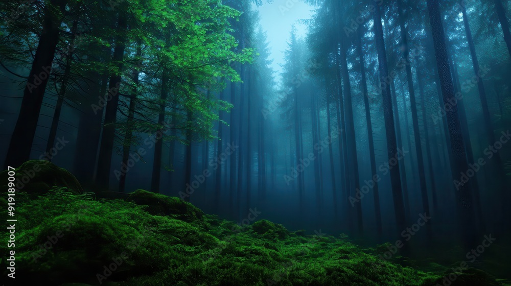 Fototapeta premium A serene forest scene shrouded in mist, showcasing lush green foliage and towering trees, creating a mystical atmosphere.