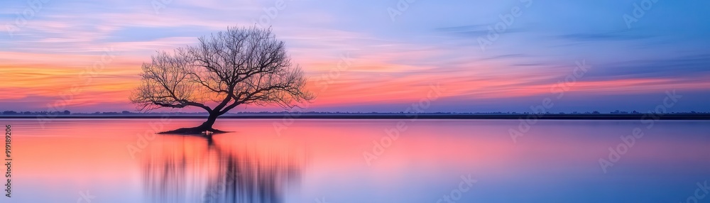 A serene landscape featuring a solitary tree by a tranquil sunset lake, showcasing vibrant colors reflecting on the water. A serene landscape featuring a solitary tree by a tranquil sunset lake, showcasing vibrant colors reflecting on the water.