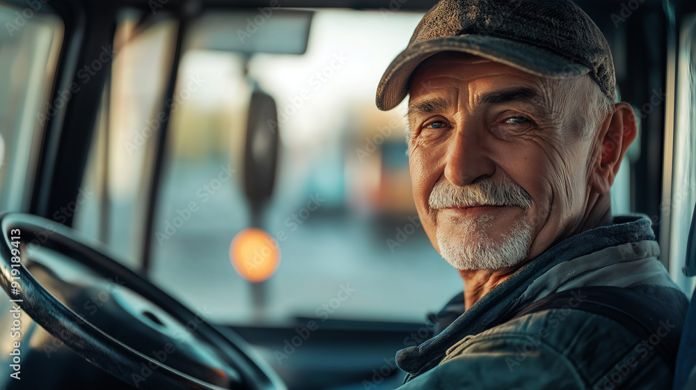 Happy Bus Driver Inside Vehicle Cabin Looking at Camera Happy Bus Driver Inside Vehicle Cabin Looking at Camera