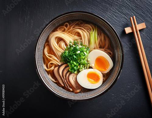 Top view of ceramic bowl with delicious ramen and chopsticks placed on table photo