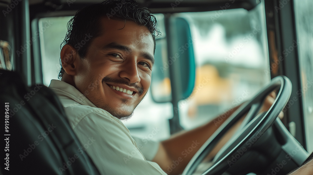 Cheerful city bus driver looking at camera, happy operator inside vehicle, positive moment of public transportation work, joyful professional experience Cheerful city bus driver looking at camera, happy operator inside vehicle, positive moment of public transportation work, joyful professional experience