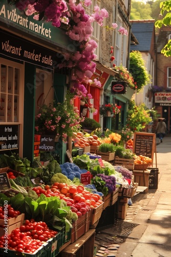 Busy flower market with colorful stalls and fresh produce photo