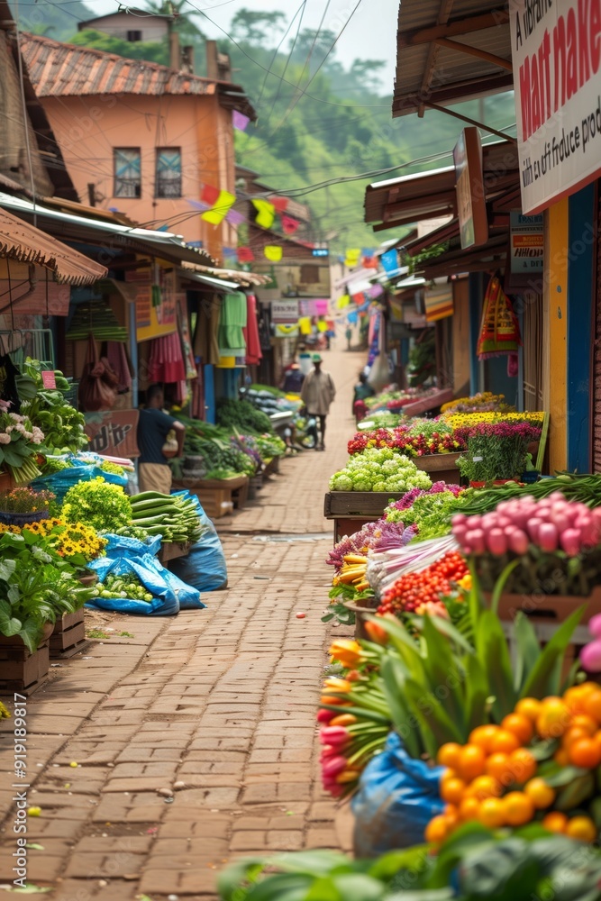 Street market with flower displays and fresh produce Street market with flower displays and fresh produce
