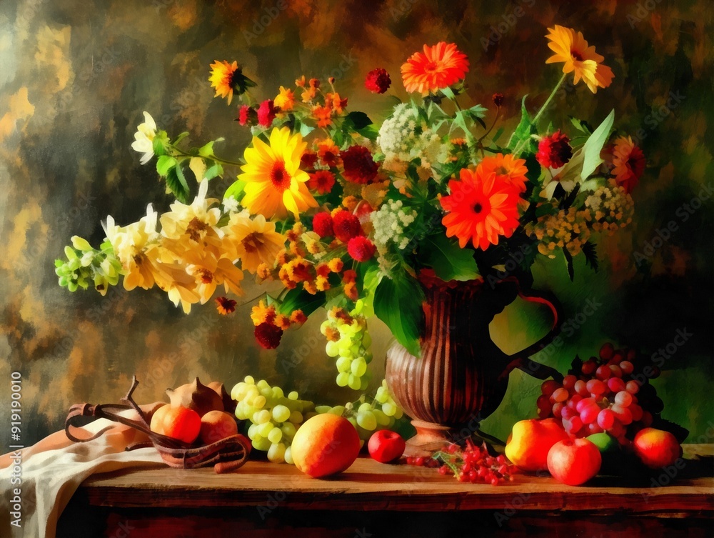 Still life image flowers in a vase and fruits, imitation oil painting. Still life image flowers in a vase and fruits, imitation oil painting.