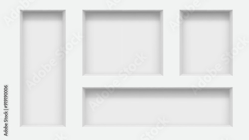 3d wall niches. Vector empty box shelves, display stand or showcase realistic mockup. Showroom, gallery, studio or shop product presentation 3d rectangular niches or shelves in white wall